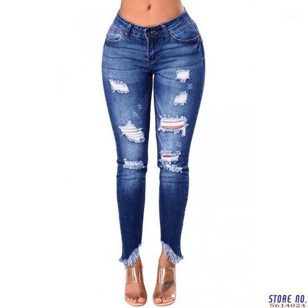 

2020 tassel ripped jeans for women denim pencil pants trousers high waist stretch skinny jeans destroyed boyfriend1, Blue