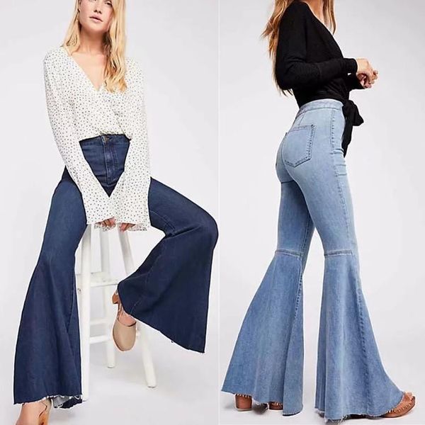 

women's jeans 2021 european and american fall/winter models stretch stitching big flared women high waist slim trousers, Blue