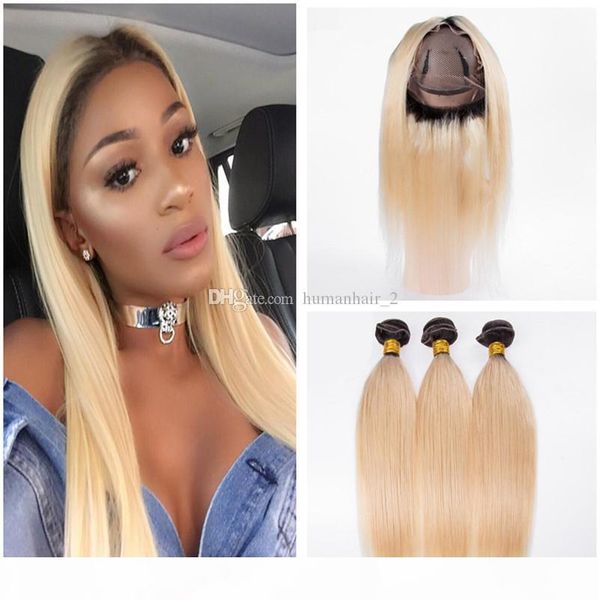 

dark roots blonde human hair weaves 360 full lace frontals with bundles two tone 1b 613 ombre hair straight with 360 frontals, Black;brown