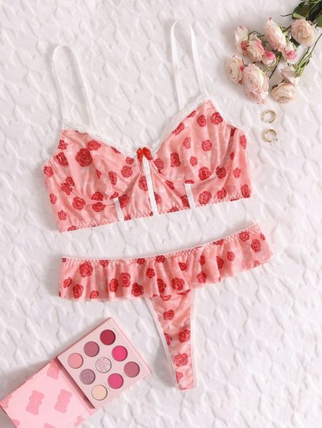 

plus floral print mesh underwire lingerie set y5aj#, Black;white