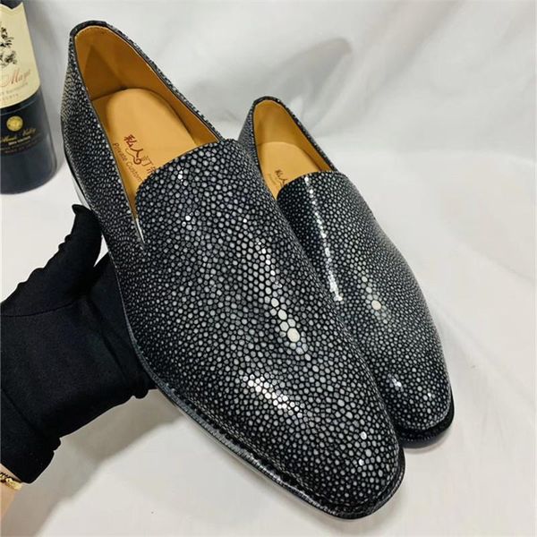 

fancy designer authentic sand stingray leather businessmen dress shoes genuine skate skin high-end handmade male slip-on shoes, Black