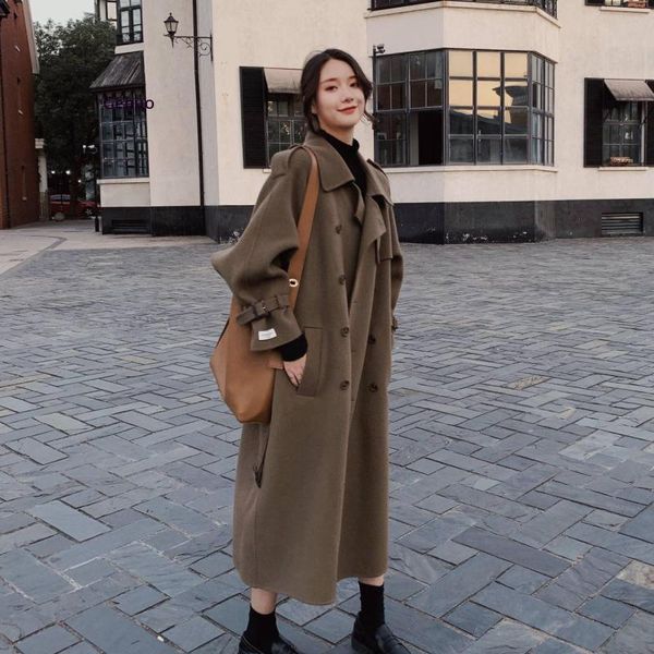 

vintage army green cashmere wool coat women winter clothes long sleeve double-breasted loose overcoat belted woolen outerwear, Black