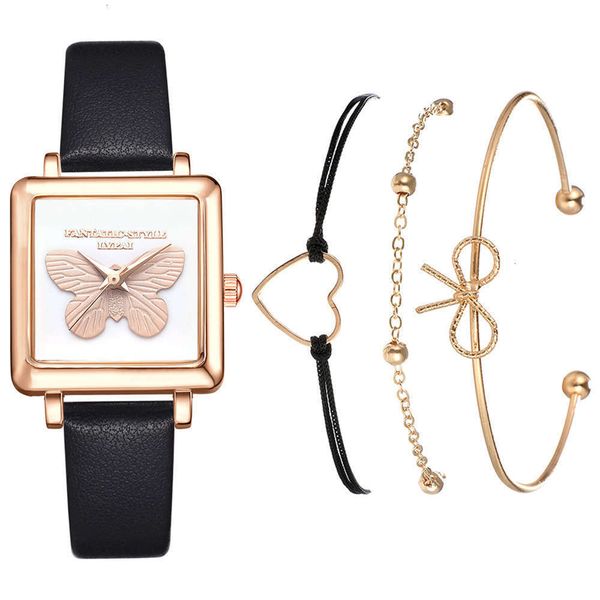 

women's fashion creative butterfly dial 4pcsset belt quartz watch + bracelet set twist watch*, Silver