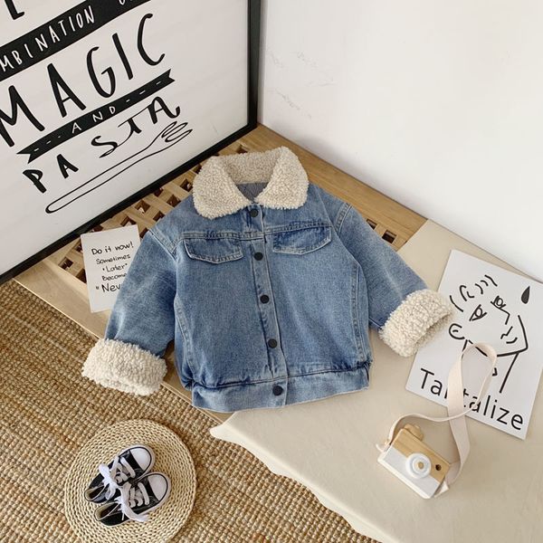 

designers kids jeans lamb wool thicken jackets 2020 winter warm casual fashion coats girls boys cotton greatcoat 80-130cm ly11053, Blue;gray