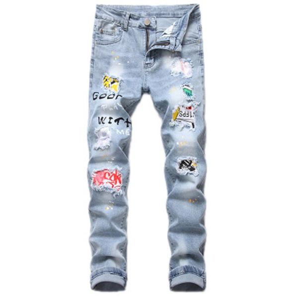 

man patch ripped jeans fashion trend slim elastic zipper street denim trousers designer male autumn new washed casual skinny pencil pants, Blue