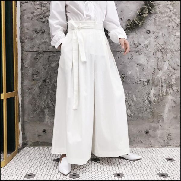 

new autumn designer new high waist strap wide leg pants tide brand harem pants men's white flower bud singer costumes1, Black