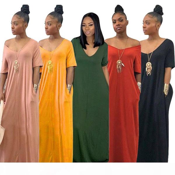 

women loose maxi dress solid v neck off shoulder short sleeve long dress with pocket summer casual beach sundress clothing plus sizes, Black;gray
