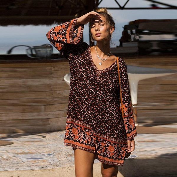 

mini dress rayon floral print women summer v neck long sleeve dresses loose gypsy short boho for vestido, Black;gray