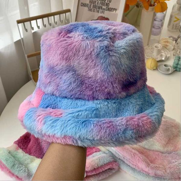 

tie-dyed fisherman hat autumn and winter warm hat women fashion trend all-match fur basin, Blue;gray