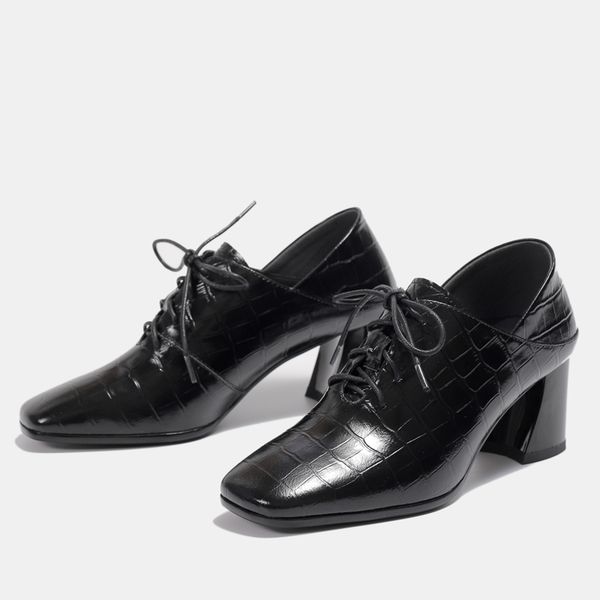 

female pumps 2021 size in standard stone relief british style shoes women's thick heels wzvt, Black