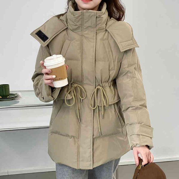 

women's wool & blends hxjjp waist drawstring loose hooded waterproof jackets korean down cotton warm parkas coat 7055 7kc0, Black