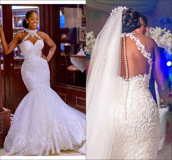 

halter mermaid wedding dresses tulle south african designer applique beaded sequins wedding dress bridal gowns, White
