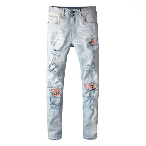 

men's light blue patchwork ripped denim jeans streetwear patch holes destroyed stretch pants1