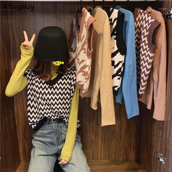 

vests women printed korean style v-neck retro harajuku womens clothing knitting all-match chic casual fashion daily1, Black;white