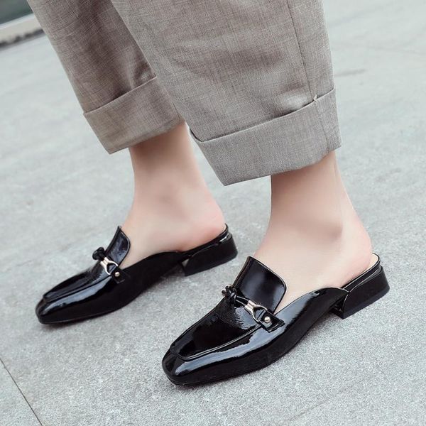 

dress shoes brand design chunky heels genuine leather sheepskin lady pumps woman slip on mules women female, Black