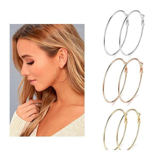 

retro 925 sterling silver plated circle hoop earring fashion women big round geometric alloy drop earrings 3cm 4cm 5cm 6cm 7cm 8cm bpzug, Golden;silver