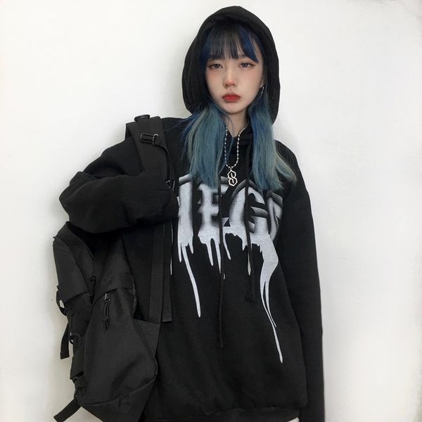 

2021 autumn and winter new the funeral diffuse letter hooded impression plus velvet quilted female sweater vnfj, Black