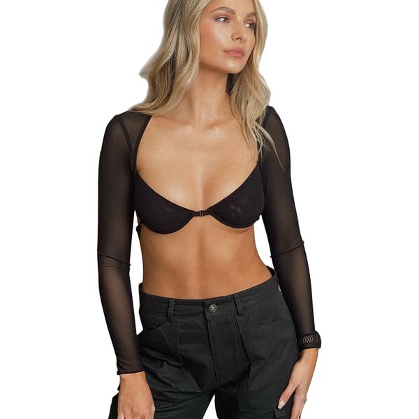 

women casual shirts mesh long sleeve crop see through sheer blouses, White