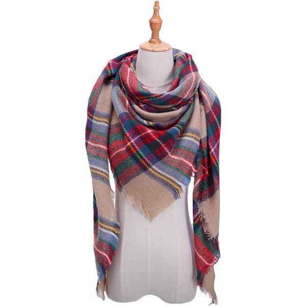 

2019 fashion winter warm plaid triangle cashmere scarf for women striped blanket knitted shawl and wraps pashmina female foulard wmtlyx, Blue;gray