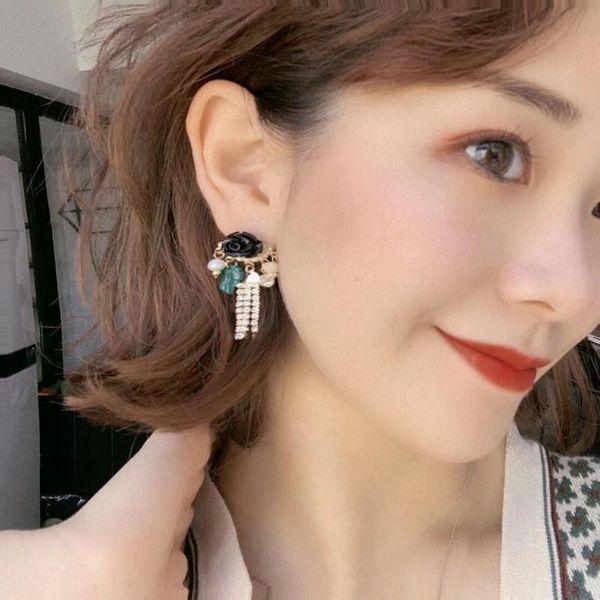 

mengjiqiao new vintage resin flower leaf rhinestone tassel dangle pendientes mujer moda elegant pearl temperament brinco jewelry, Silver