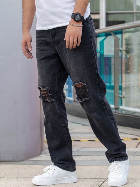 

men ripped frayed straight leg jeans l8j6#, Blue