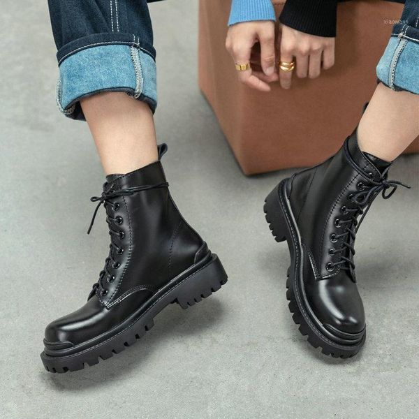 

genuine leather thick heels women winter boots leather round toe women pumps lace up office lady shoes woman1, Black