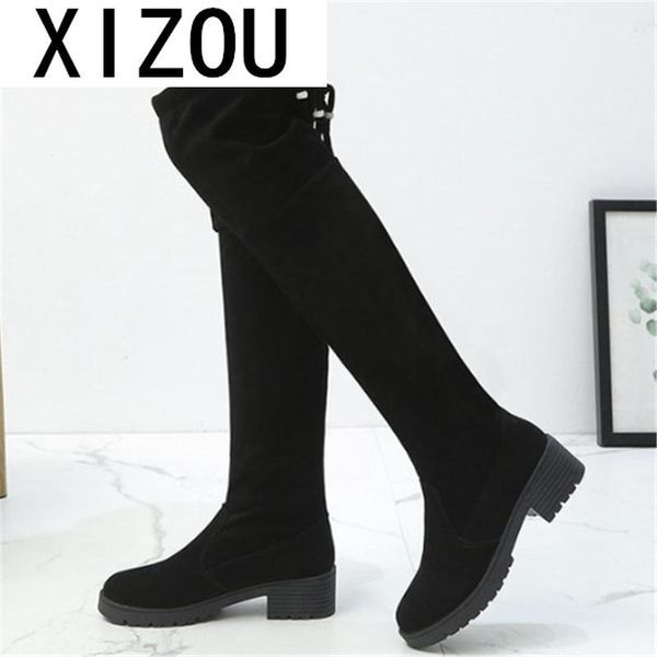 

2020 fashion women boots winter over the knee suede boots thigh high mid heel lace-up warm women shoes botas mujer, Black