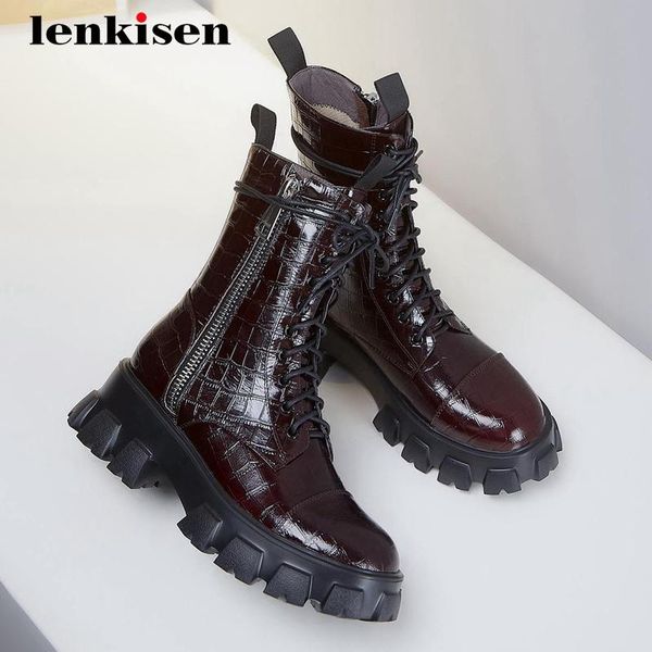 

boots lenkisen motorcycle genuine leather stone pattern handsome round toe thick high heel zipper neutral mid-calf l30, Black