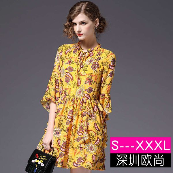 

women's autumn new print flared 2019 sleeve ruffle oversize chiffon drs, Black;gray