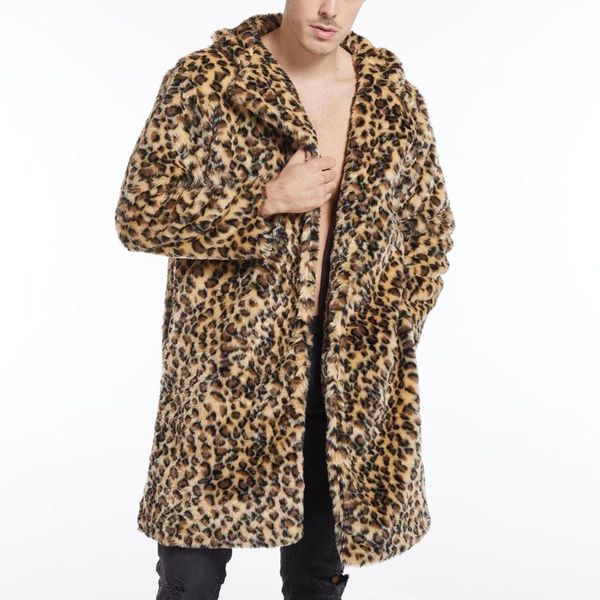 

man winter keep warm faux fur coat plus size loose fashion long sleeve leopard print thicken imitation fur turn-down collar coat, Black