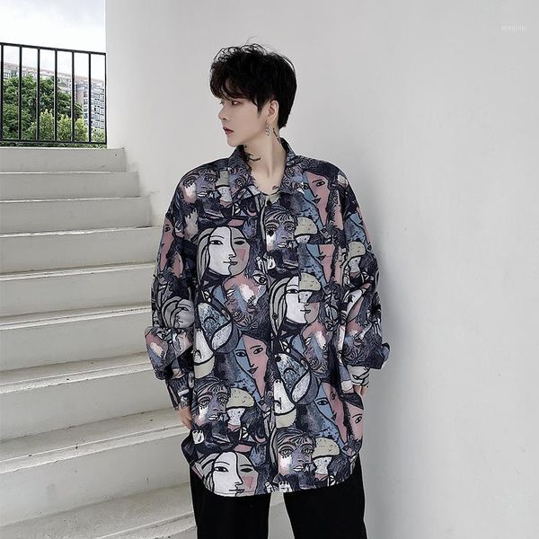 

men fashion print casual long sleeve shirt male streetwear hip hop vintage loose dress shirts1, White;black