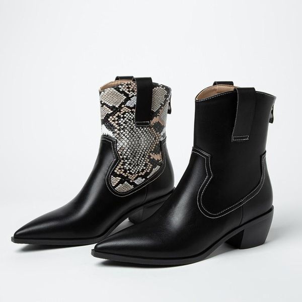 

boots black ankle for women cowboy western 2021 autumn winter pointed toe high heels snake pattern shoes large size 33