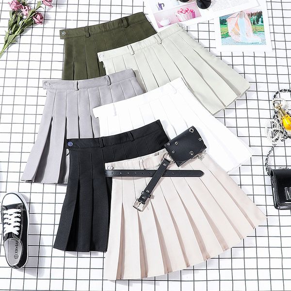 

2021 summer women harajuku vintage loose zip short cotton fashion pu belt pleated skirts female zq1u, Black