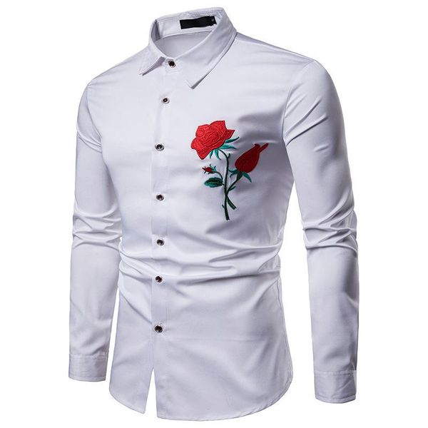 

2020 men's luxury shirt slim fit casual dress shirt red rose flower embroidered floral long sleeve male eu size, White;black