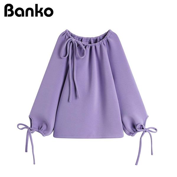 

purple sweatshirt women 2021 winter lace up collar&lantern long sleeve loose female hoodie korean style elegant clothing, Black