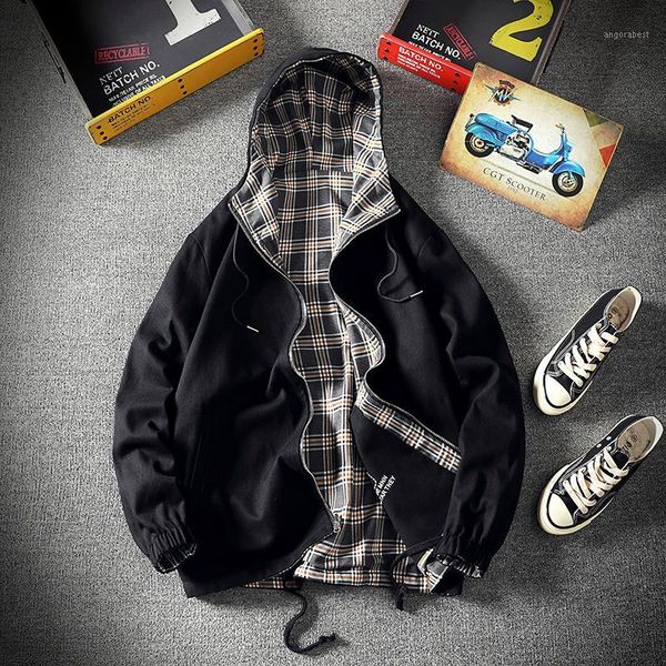 

fall 2020 new two-sided hooded jacket casual breathable plaid loose jacket cotton high-quality hooded jackets coats1, Black;brown