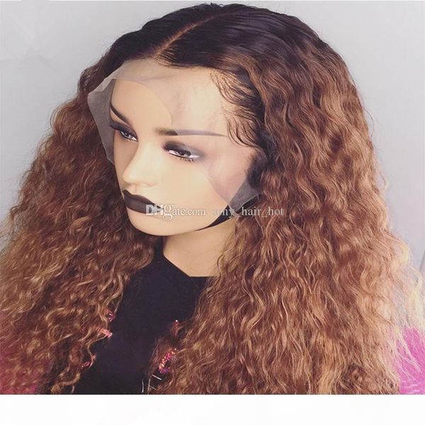 

ombre honey blonde #1bt27 curly human hair wig brazilian remy preplucked full lace wig glueless baby hair for women, Black;brown