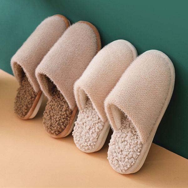 

winter home solid women fur slippers warm flock plush bedroom ladies flat shoes slides couples house furry slippers, Black