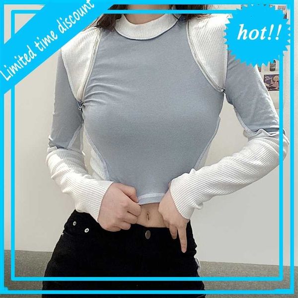 

wind 2021 autumn and winter women's slim round neck color contrast detachable long sleeve navel exposed t-shirt, White