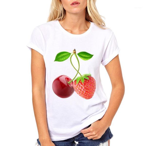 

woman 2018 summer white short sleeve o-neck t-shirt cherry and strawberry together tees womens funny t-shirt1