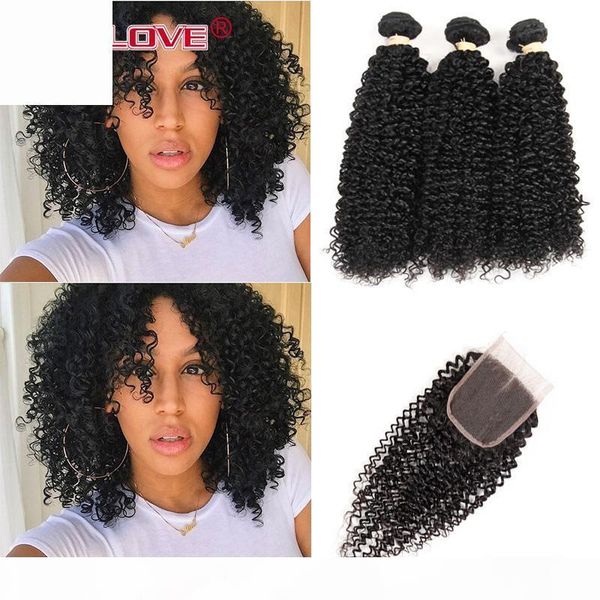 

ove indian virgin kinky curly hair 3 bundles with lace closure with baby hair natural black human hair wefts with closure, Black;brown