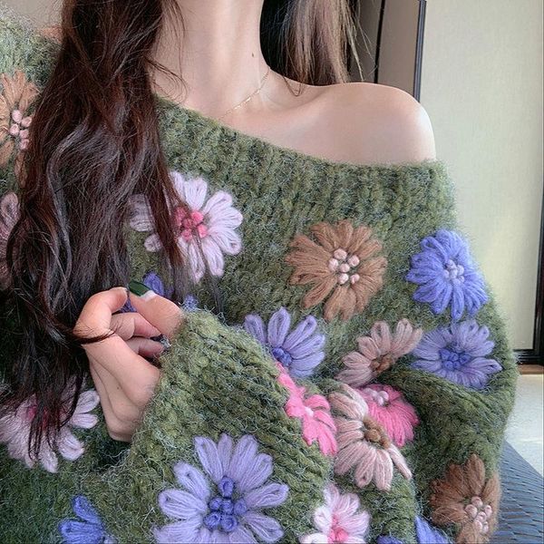 

women's sweaters pull femme floral embroidery pullover women sweater 2021 strapless bat knitted green causal loose knitwear, White;black