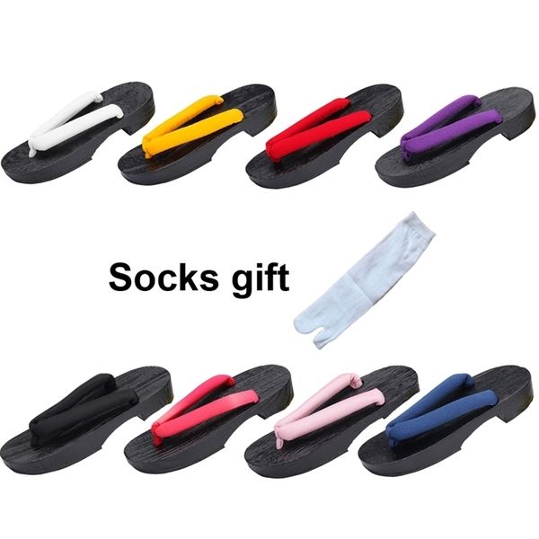 

solid color japanese traditional style woman shoes home wear flip flops geta clogs with toe socks cosplay slippers sandals y200107, Black