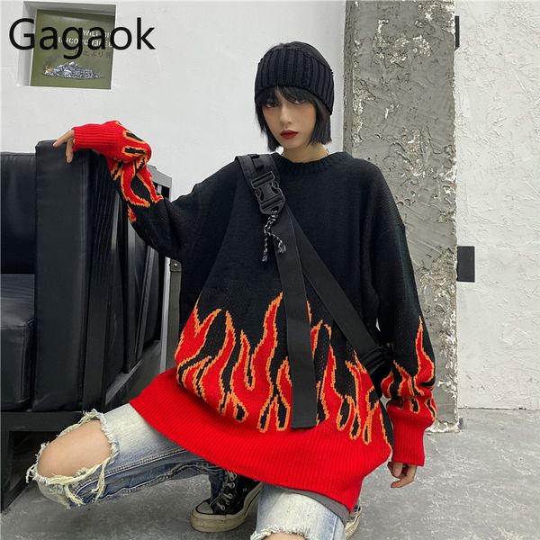 

gagaok loose harajuku women sweater knit spring autumn flame sweaters female fashion long outfit pullovers plus size 201031, White;black