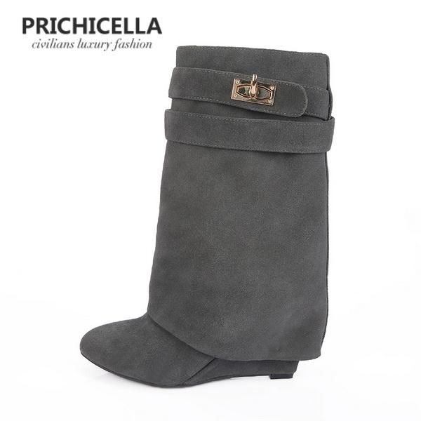 

boots prichicella black cow leather lock pointed toe wedge ankle motorcycle booties size34-42