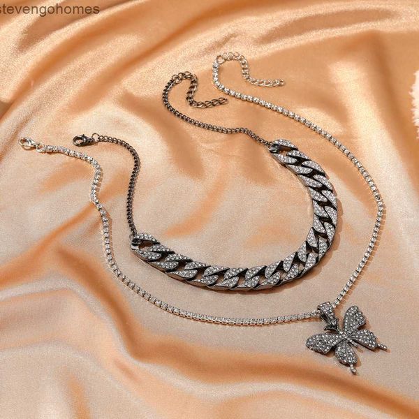 

full cuba double layer butterfly necklace, exaggerated personality, diamond thick chain, neckchain, net red accessories, Silver