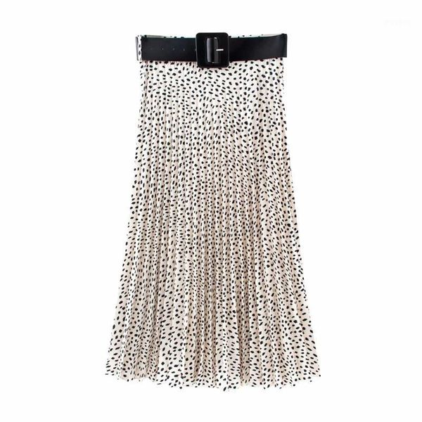

2020 summer women's new retro high waist long fashion wild midi skirt with belt pleated printed skirt1, Black