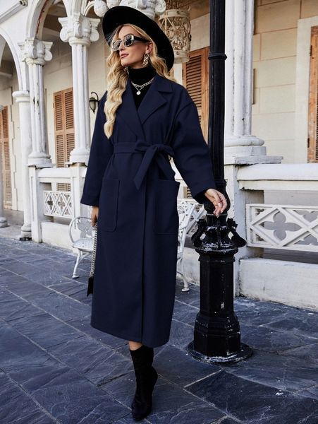 

solid lapel neck single breasted belted overcoat h3ht#, Black