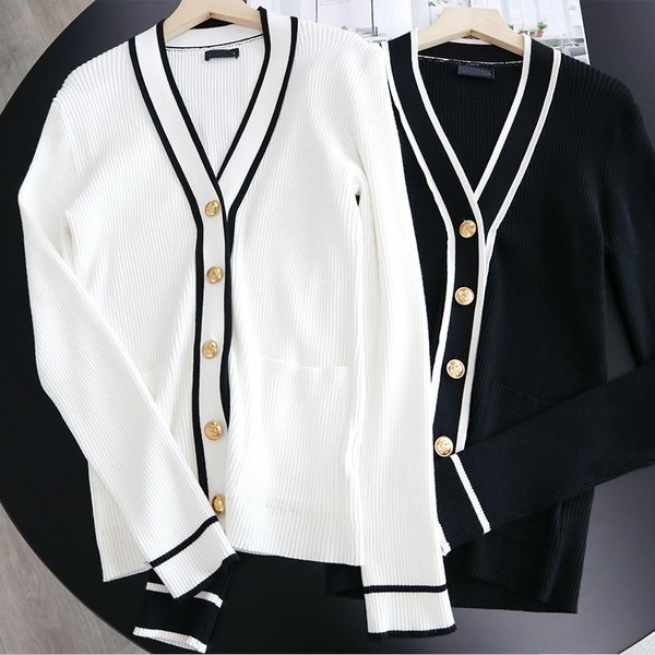 

moco2020 autumn new v-neck carved gold contrast color black button button and white hemmed cardigan slim v-neck knitted cardigan 054c9 054c9, White;black