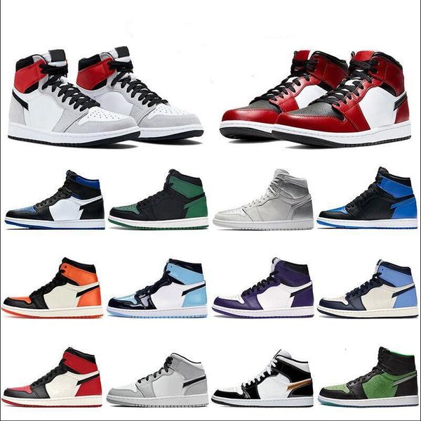 

new men shoes jumpman 1 1s bred royal black chicago toe court purple white mid light smoke grey pale ivory chaussures traine